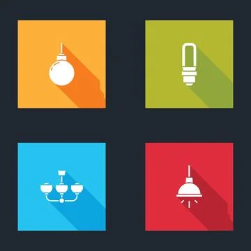 Set Lamp hanging, LED light bulb, Chandelier and icon. Vector Stock Illustration