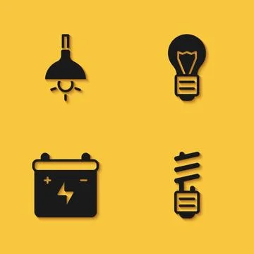 Set Lamp hanging, LED light bulb, Car battery and Creative lamp idea icon with Stock Illustration