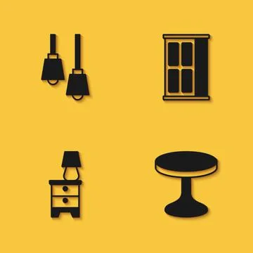 Set Lamp hanging, Round table, Furniture nightstand with lamp and Wardrobe icon Stock Illustration