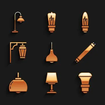 Set Lamp hanging, Table lamp, LED light bulb, Fluorescent, Chandelier, Vintage Stock Illustration