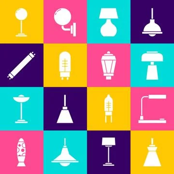 Set Lamp hanging, Table lamp, Light emitting diode, Fluorescent, Floor and .. Stock Illustration