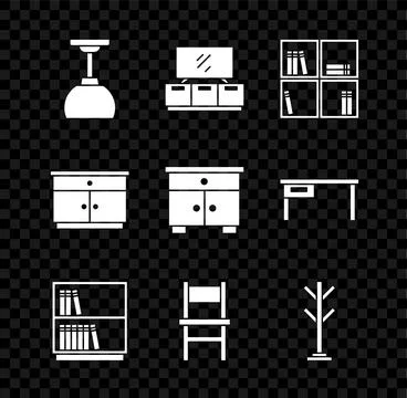 Set Lamp hanging, TV table stand, Shelf with books, Library bookshelf, Chai.. Stock Illustration