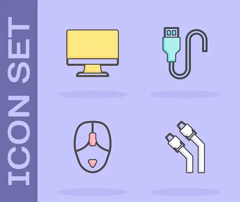 Set LAN cable network internet, Computer monitor screen, mouse and USB cord icon Stockillustratie