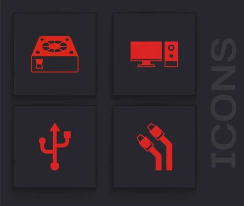 Set LAN cable network internet, Computer cooler, monitor and USB icon. Vector Illustrazione stock