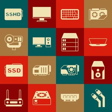 Set LAN cable network internet, Uninterruptible power supply, Laptop, Keyboard Illustrazione stock