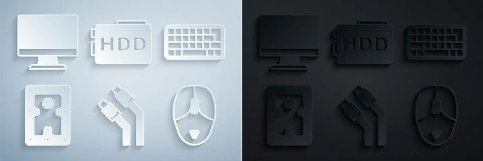 Set LAN cable network internet, Keyboard, Hard disk drive HDD, Computer mouse Stock Illustration
