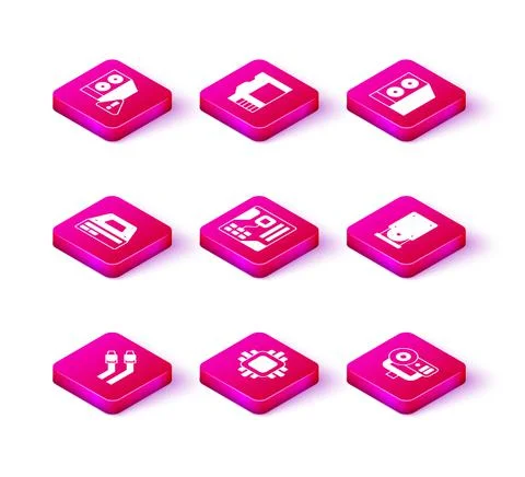 Set LAN cable network internet, Processor with CPU, Optical disc drive Stock Illustration