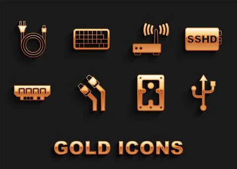 Set LAN cable network internet, SSHD card, USB, Hard disk drive HDD, RAM, random Illustrazione stock