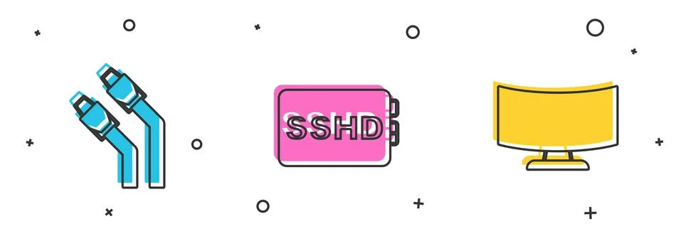 Set LAN cable network internet, SSHD card and Computer monitor screen icon. V Stockillustratie