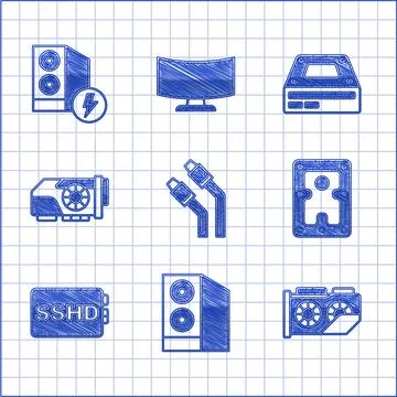 Set LAN cable network internet, Case of computer, Video graphic card, Hard disk Illustrazione stock