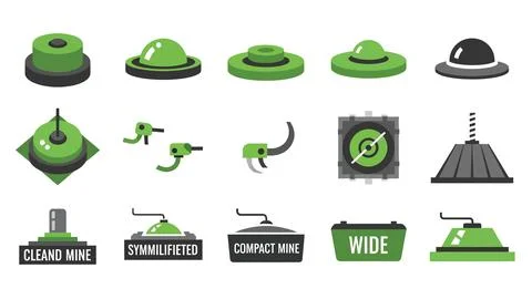 Set of land mine explosive device icons in flat vector style. Stock Illustration