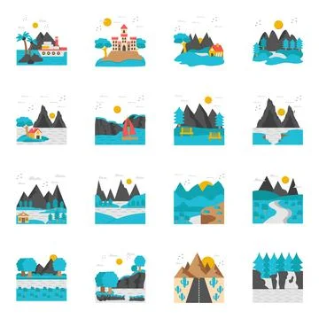 Set of Landforms Flat Icons Stock Illustration