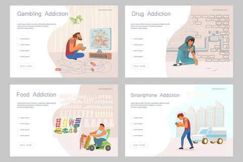 Set of Landing web page template with Addictions. Health danger concept. Flat Stock Illustration
