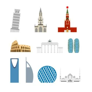 Set landmark Germany, Russia. Attraction of Dubai, Rome. Architecture attract Ilustração Stock