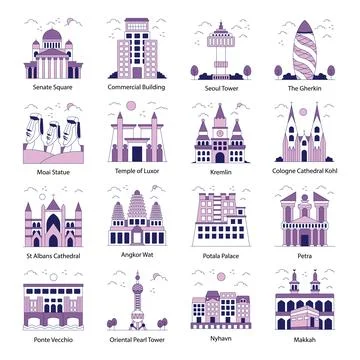 Set of Landmarks and Monuments Flat Icons Stock Illustration