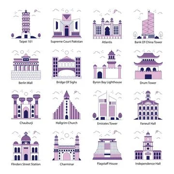 Set of Landmarks and Monuments Flat Icons Stock Illustration