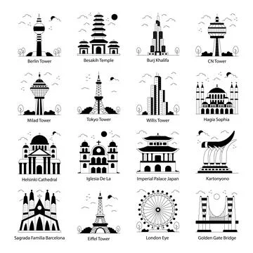 Set of Landmarks and Monuments Solid Icons Stock Illustration