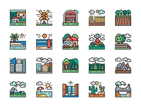 Set of Landscape and Megapolis Flat Color Line Icons. Bridge, Desert and more. 스톡 일러스트