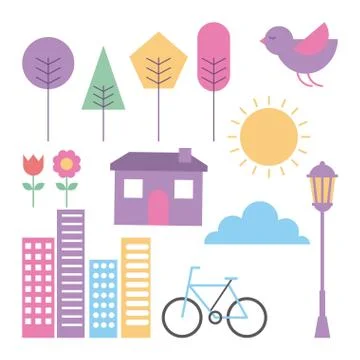 Set of landscape elements house tree bike buildings cloud sun flower Illustrazione stock