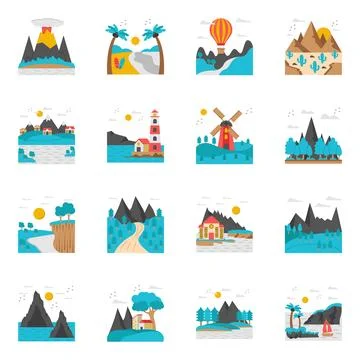 Set of Landscape Flat Icons Stock Illustration