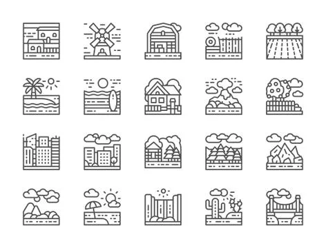 Set of Landscape Line Icons. Bridge, Desert, Waterfall, Beach, Forest and more. Stock Illustration