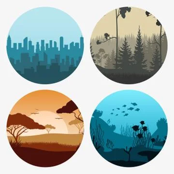 Set of landscape scenes banners. Vector illustration. Stock Illustration