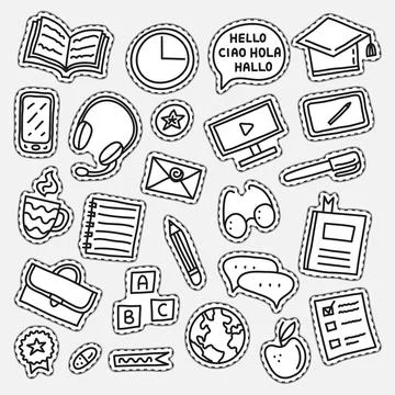 Set of language courses doodle stickers. Stock Illustration