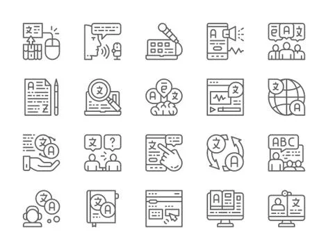 Set of Language Translation Line Icons. Education, Chat, E-book, Radio and more. Illustrazione stock