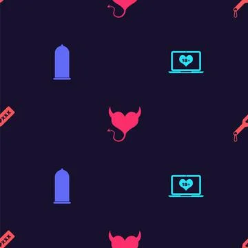 Set Laptop with 18 plus content, Condom safe sex, Devil heart horns and Spanking Stock-Illustration