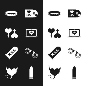 Set Laptop with 18 plus content, Male and female heart, Leather fetish collar Stock-Illustration