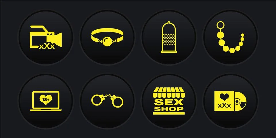 Set Laptop with 18 plus content, Anal beads, Handcuffs, Sex shop building Ilustración de archivo