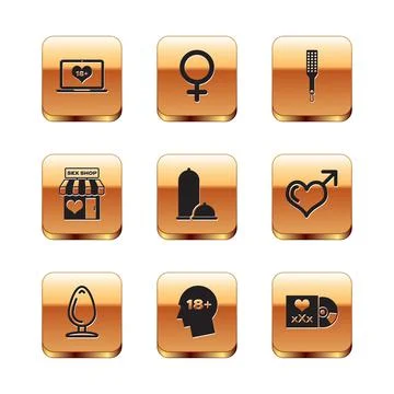 Set Laptop with 18 plus content, Anal plug, Head, Condoms safe sex, Sex shop Stock Illustration
