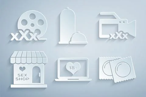 Set Laptop with 18 plus content, Video camera Sex, shop building, Condoms Stock-Illustration