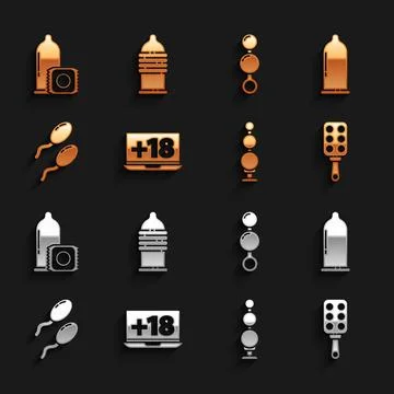 Set Laptop with 18 plus content, Condom, Spanking paddle, Anal beads, Sperm, and Stock-Illustration
