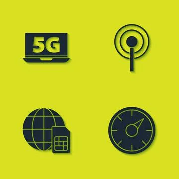 Set Laptop with 5G network, Digital speed meter, Globe Sim Card and Antenna icon Stock Illustration