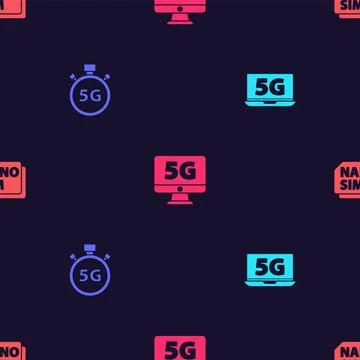 Set Laptop with 5G network, Digital speed meter, Monitor and Nano Sim Card on Stock Illustration