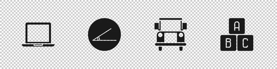 Set Laptop, Acute angle, School Bus and ABC blocks icon. Vector 스톡 일러스트