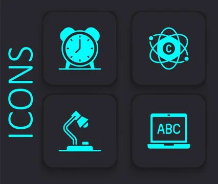 Set Laptop, Alarm clock, Atom and Table lamp icon. Black square button. Vecto Stock Illustration