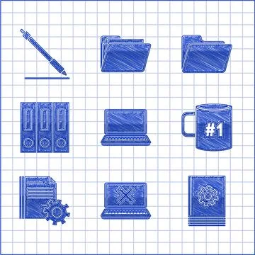 Set Laptop, and cross mark on screen, User manual, Coffee cup flat, Document Stock Illustration