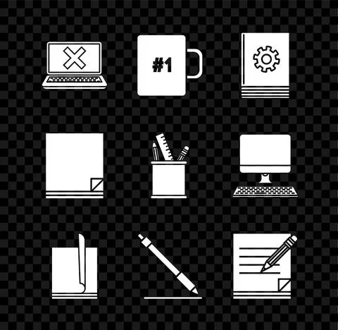 Set Laptop and cross mark on screen, Coffee cup, User manual, File document, Pen Illustrazione stock