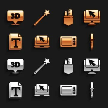 Set Laptop and cursor, Computer monitor, Pipette, Graphic tablet, Text file Stock Illustration