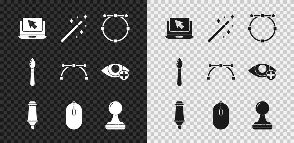 Set Laptop and cursor, Magic wand, Circle with Bezier curve, Marker pen Stock-Illustration