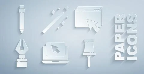 Set Laptop and cursor, Web design development, Fountain pen nib, Push pin, Magic 스톡 일러스트