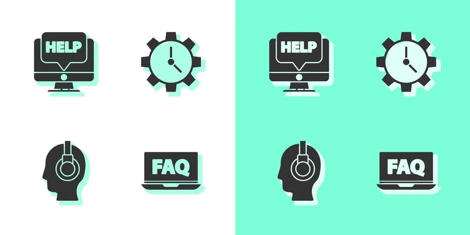 Set Laptop and FAQ, Computer monitor help, Support operator in touch and Time Stock Illustration