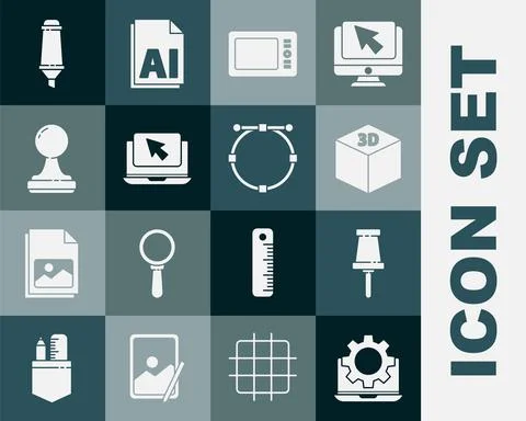 Set Laptop and gear, Push pin, Isometric cube, Graphic tablet, cursor, Stamp Illustrazione stock