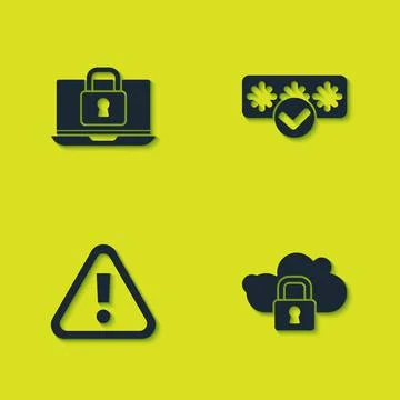Set Laptop and lock, Cloud computing, Exclamation mark triangle and Password Stock Illustration