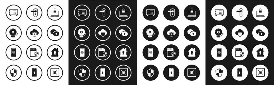 Set Laptop and lock, Cloud shield, Ringing alarm bell, Safe, Protection of Illustrazione stock
