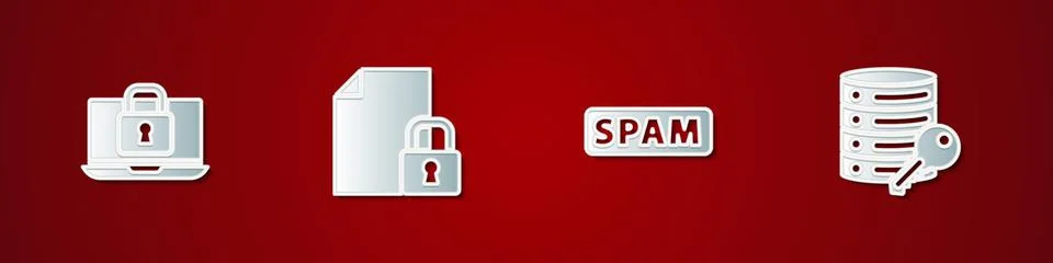 Set Laptop and lock, Document, Spam and Server security with key icon. Vector Ilustración de archivo