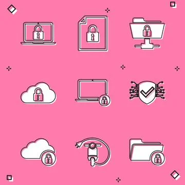 Set Laptop and lock, Document, FTP folder, Cloud computing, and Cyber security Stock Illustration