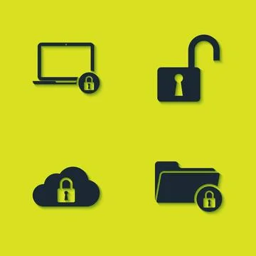 Set Laptop and lock, Folder, Cloud computing and Open padlock icon. Vector 스톡 일러스트